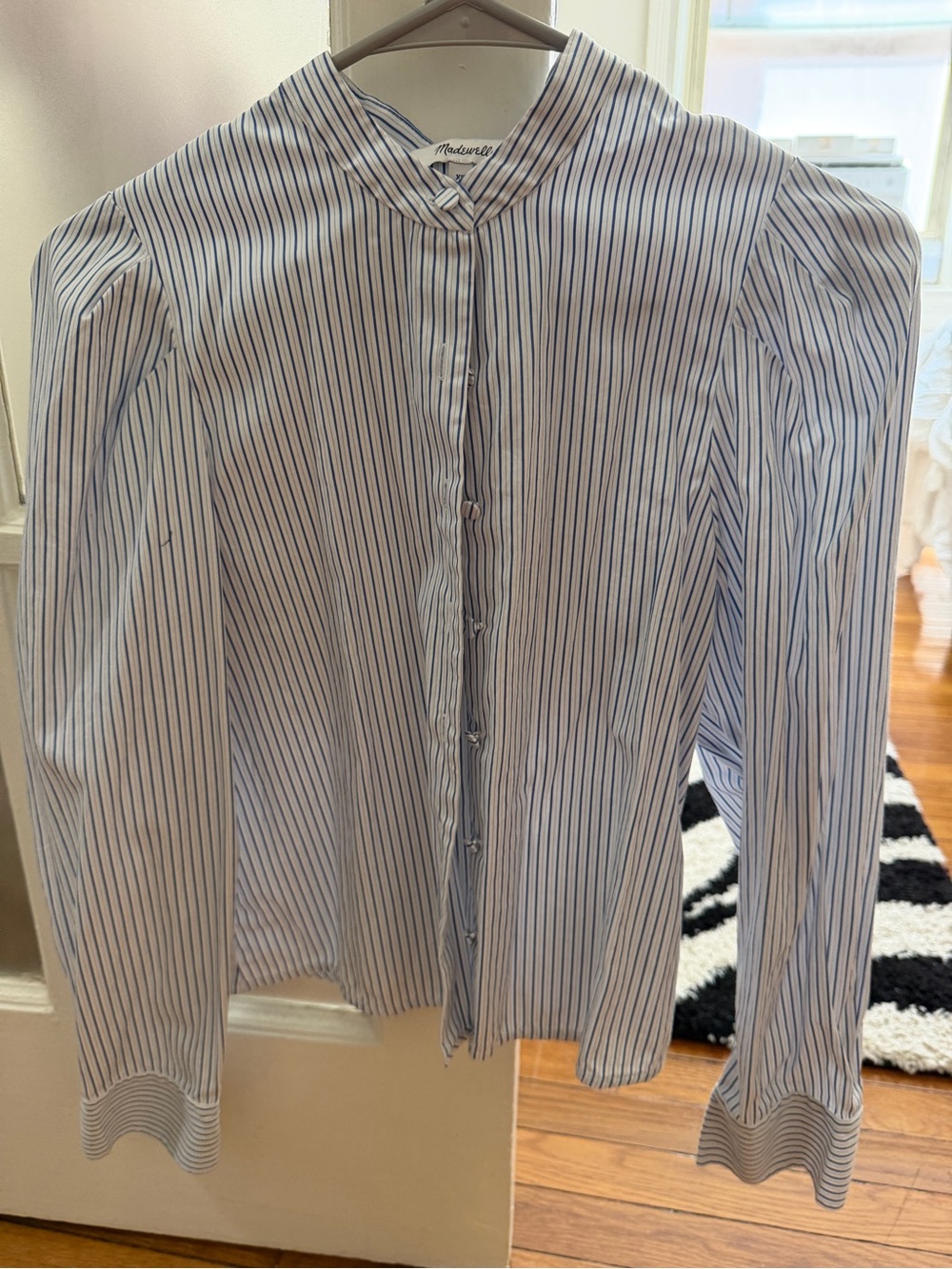 Madewell White and Blue Vertical Stripe Button-Down Blouse